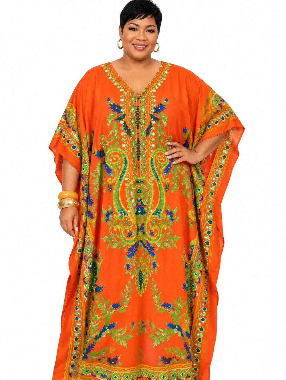 Plus Size Orange Maxi Caftan Dress with Rhinestone SIZE OS NWT